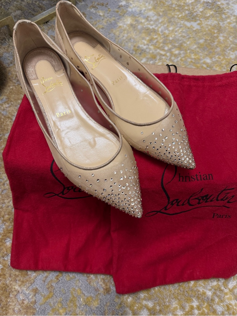 Christian Louboutin Nude Crystal-Embellished Pointed Flats